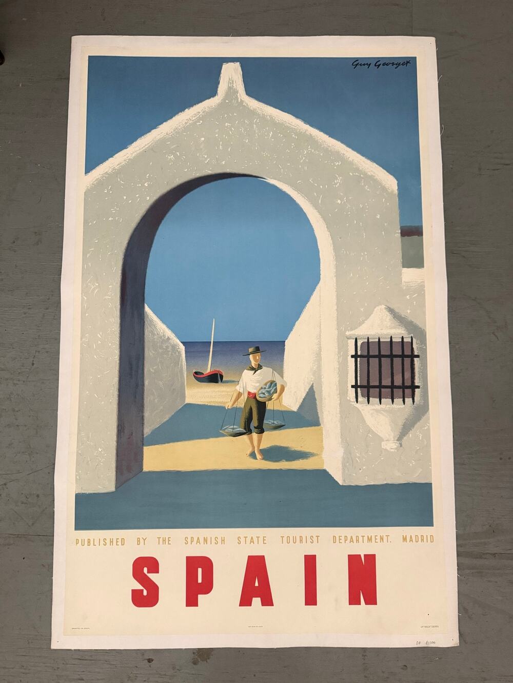 Signed 1945 Vintage Travel Poster on Canvas Spain Artist Guy Georget 41X26"